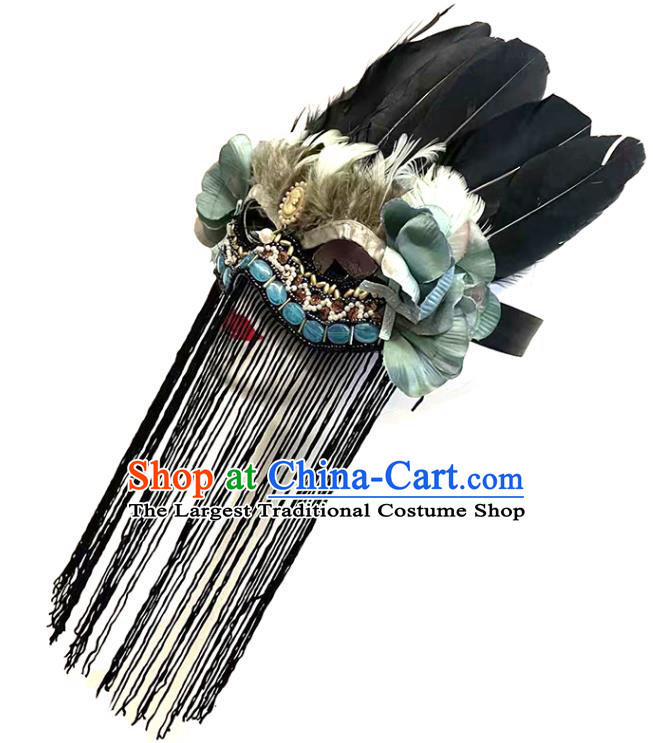 Handmade Brazil Carnival Feather Mask Halloween Cosplay Black Tassel Full Face Mask Christmas Costume Party Headpiece