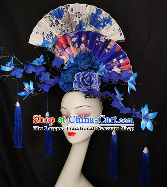 China Handmade Wedding Fashion Headwear Stage Show Blue Flowers Hair Crown Court Fan Hair Clasp Qipao Catwalks Bride Headdress