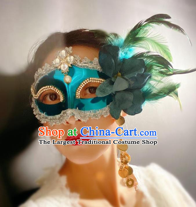 Handmade Halloween Cosplay Princess Feather Face Mask Costume Party Baroque Crystal Headpiece Brazil Carnival Blue Mask