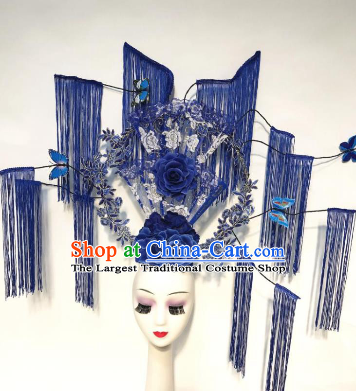 China Qipao Show Blue Flowers Hair Crown Court Lace Fan Hair Clasp Catwalks Deluxe Tassel Headdress Handmade Bride Fashion Headwear