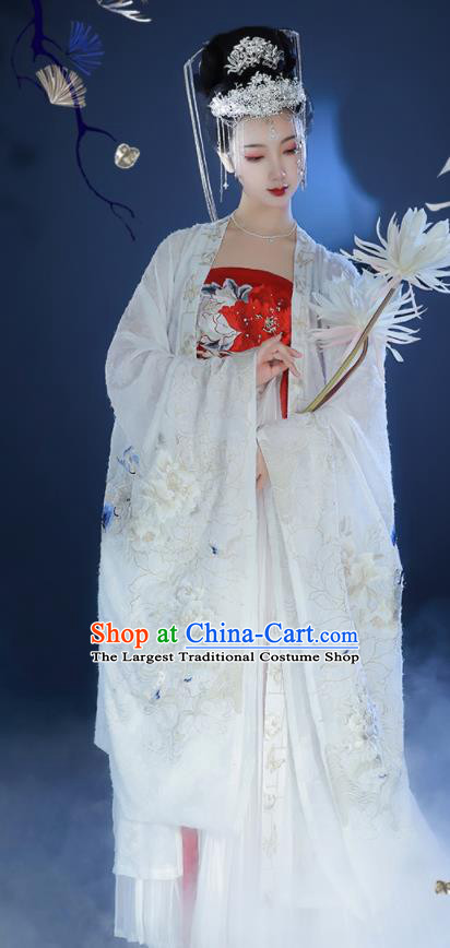 China Ancient Imperial Concubine Historical Clothing Tang Dynasty Court Female Embroidered White Hanfu Dress Garments