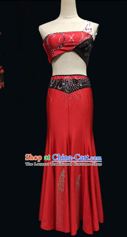 China Dai Nationality Folk Dance Clothing Yunnan Ethnic Stage Performance Garments Peacock Dance Red Dress