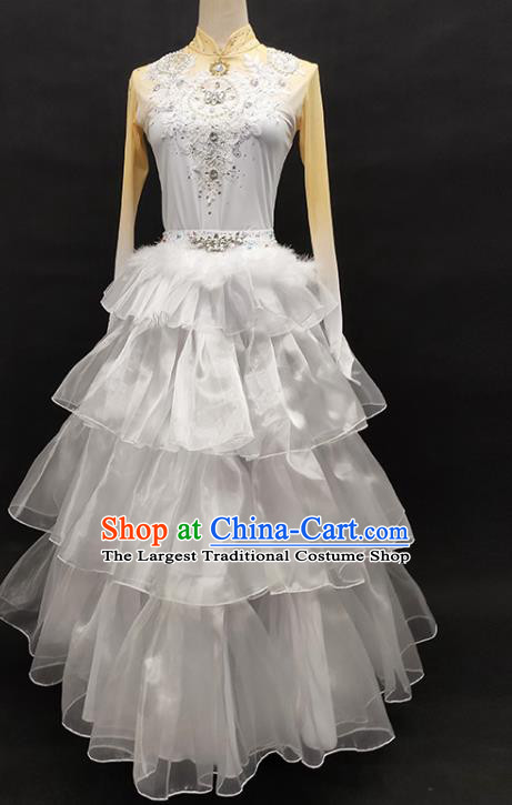 China Xinjiang Ethnic Stage Performance Garments Minority Folk Dance White Dress Kazakh Nationality Swan Dance Clothing