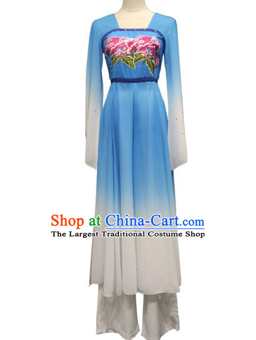 Top Chinese Classical Dance Blue Dress Woman Group Dance Garment Costume Traditional Fan Dance Stage Performance Clothing