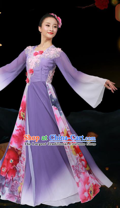 Top Chinese Woman Group Dance Garment Costume Traditional Umbrella Dance Stage Performance Clothing Classical Dance Purple Dress