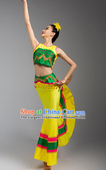 China Dai Nationality Stage Performance Clothing Yunnan Ethnic Dance Garments Minority Peacock Dance Yellow Dress