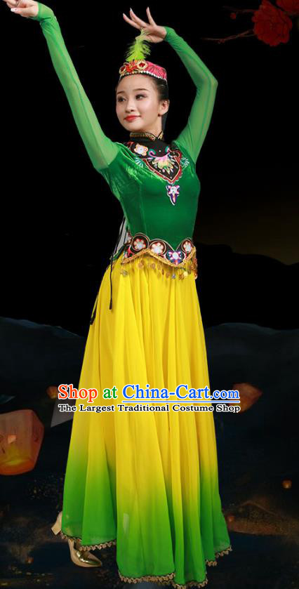 China Uyghur Nationality Stage Performance Clothing Uygur Ethnic Female Dance Garments Xinjiang Minority Folk Dance Green Dress