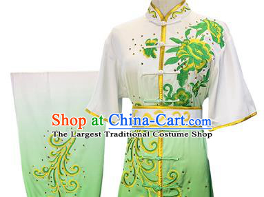 Chinese Martial Arts Embroidered Peony Gradient Green Outfits Wushu Kungfu Competition Clothing Kung Fu Garment Costumes