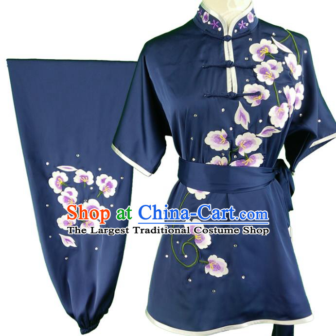 Chinese Chang Boxing Competition Garment Costumes Martial Arts Wushu Embroidered Plum Navy Silk Outfits Kungfu Clothing