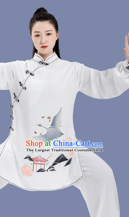 Chinese Tai Ji Training Garment Costumes Martial Arts Hand Painting Cranes White Outfits Woman Tai Chi Competition Clothing