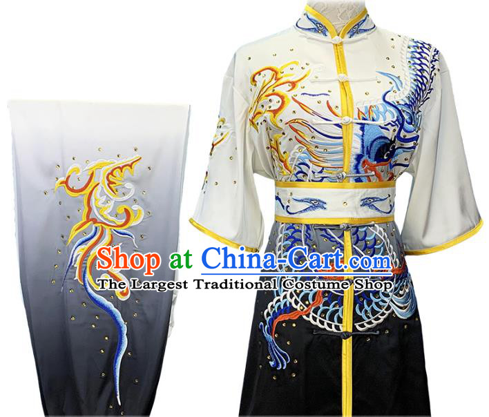 Top China Martial Arts Competition Clothing Kung Fu Embroidered Dragon Gradient Grey Uniforms Wushu Performance Garment Costumes