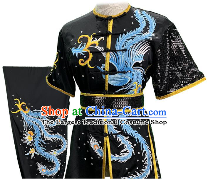 China Wushu Competition Garment Costume Female Shadowboxing Kung Fu Clothing Martial Arts Embroidered Phoenix Black Uniforms