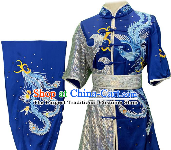 China Martial Arts Embroidered Phoenix Blue Uniforms Wushu Competition Garment Costume Female Shadowboxing Kung Fu Clothing