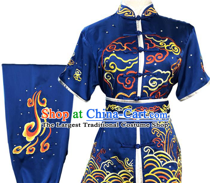 Top Chinese Wushu Performance Clothing Southern Boxing Embroidered Dragon Outfits Martial Arts Kung Fu Competition Blue Garment Costumes