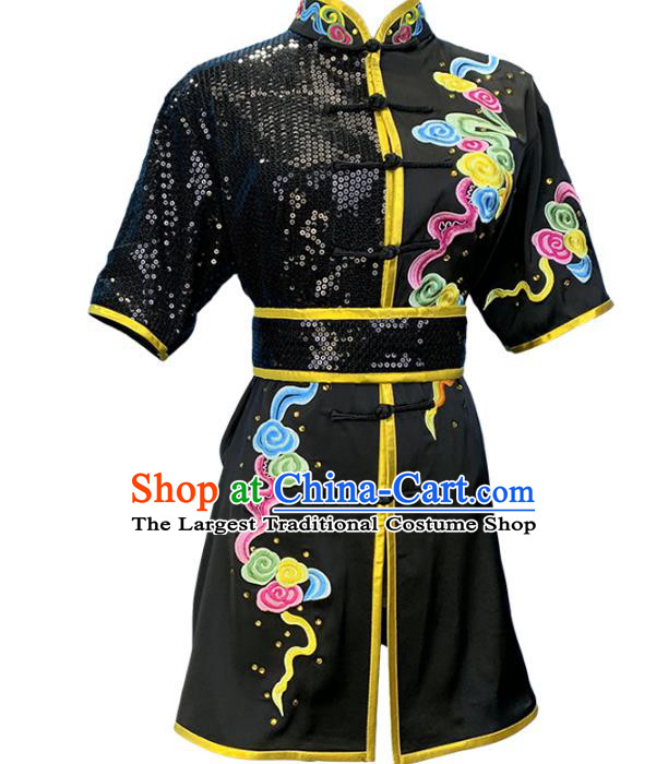 Top Chinese Martial Arts Kung Fu Competition Black Garment Costumes Wushu Performance Clothing Southern Boxing Embroidered Tiger Outfits