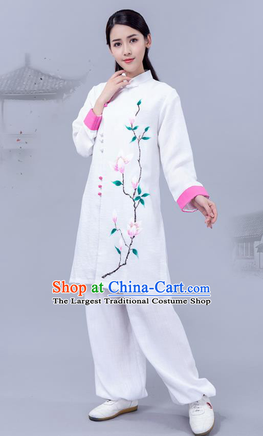 Chinese Martial Arts Tai Ji Training Garments Shadowboxing Competition White Outfits Woman Tai Chi Chuan Painting Mangnolia Clothing