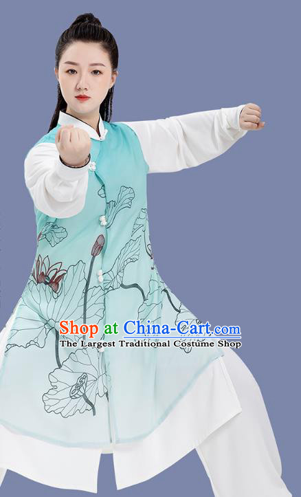 Chinese Martial Arts Hand Painting Lotus Green Outfits Tai Chi Competition Clothing Woman Tai Ji Training Garment Costumes