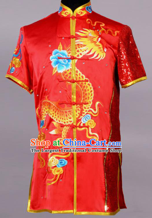 Top China Martial Arts Competition Clothing Kung Fu Embroidered Apparels Cudgel Play Performance Garment Costumes Southern Boxing Red Uniforms