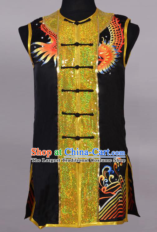 Top China Kung Fu Performance Apparels Cudgel Play Garment Costumes Southern Boxing Competition Uniforms Martial Arts Golden Sequins Clothing