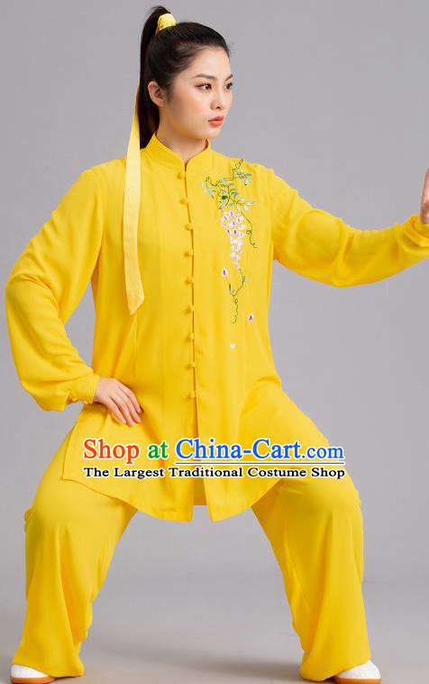 Chinese Kung Fu Tai Chi Performance Clothing Martial Arts Garments Tai Ji Competition Printing Wisteria Yellow Outfits