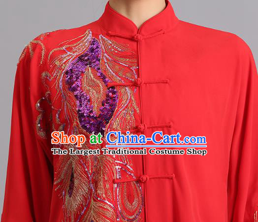 Chinese Kung Fu Tai Chi Performance Clothing Martial Arts Garments Tai Ji Competition Embroidered Sequins Phoenix Red Outfits