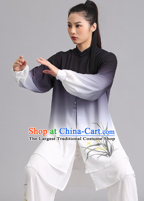 Chinese Tai Ji Competition Gradient Grey Outfits Kung Fu Tai Chi Performance Clothing Martial Arts Painting Orchids Garments