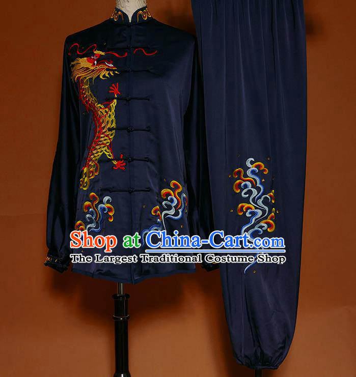 China Kung Fu Tai Ji Suits Tai Chi Competition Navy Uniforms Martial Arts Embroidered Dragon Garment Costumes