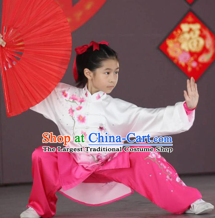 Chinese Children Martial Arts Costumes Tai Chi Performance Clothing Girl Kung Fu Embroidered Plum Rosy Uniforms