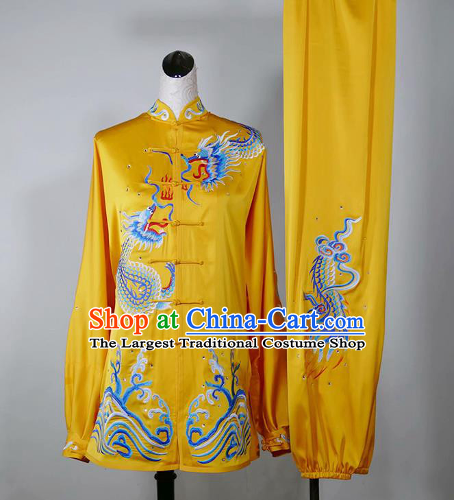 China Kung Fu Tai Ji Performance Yellow Suits Tai Chi Sword Competition Embroidered Dragon Uniforms Martial Arts Garment Costumes