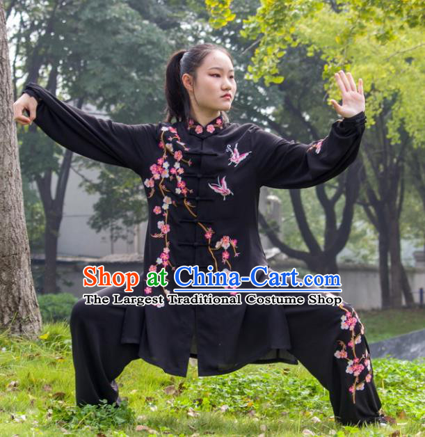 Chinese Kung Fu Tai Ji Embroidered Plum Butterfly Clothing Tai Chi Sword Performance Suits Martial Arts Competition Black Outfits