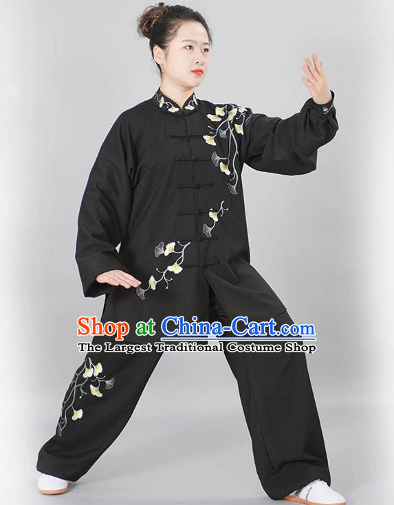 Chinese Martial Arts Competition Embroidered Ginkgo Leaf Outfits Kung Fu Tai Ji Training Clothing Tai Chi Performance Black Suits