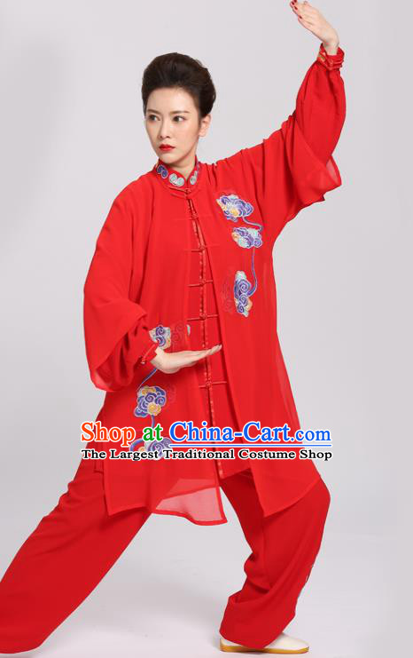 Chinese Tai Chi Performance Red Suits Martial Arts Competition Embroidered Clouds Outfits Kung Fu Tai Ji Training Clothing