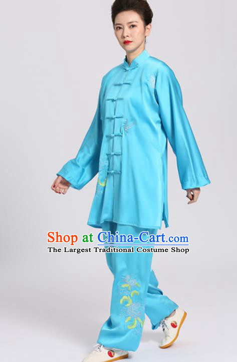 Chinese Martial Arts Embroidered Chrysanthemum Outfits Kung Fu Tai Ji Training Clothing Tai Chi Competition Blue Suits