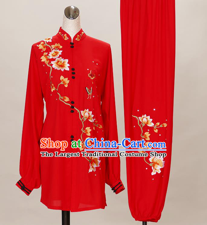 Chinese Kung Fu Wushu Competition Clothing Tai Chi Performance Red Suits Martial Arts Embroidered Mangnolia Outfits