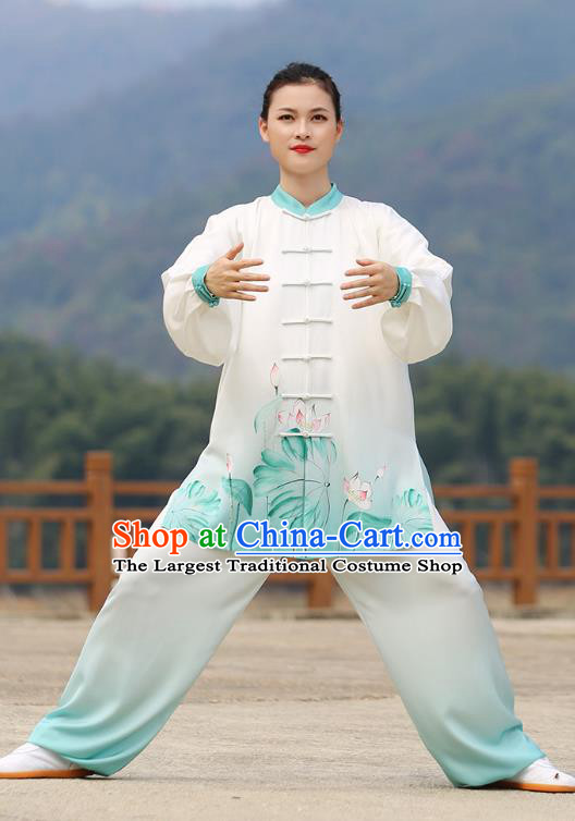 Chinese Martial Arts Competition Garment Kung Fu Printing Lotus Suits Tai Ji Chuan Gradient Green Outfits Tai Chi Group Performance Clothing