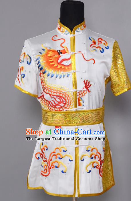 China Kung Fu Performance Suits Southern Boxing Garment Costumes Wushu Competition Embroidered Dragon White Uniforms Martial Arts Clothing