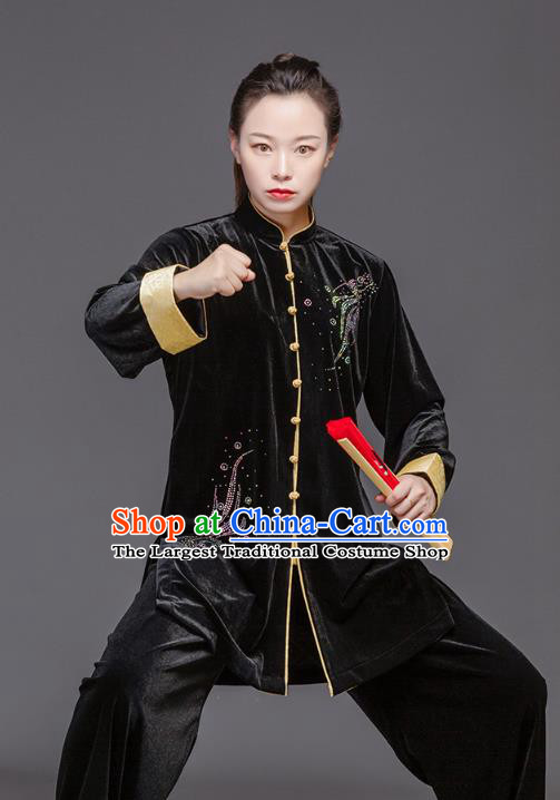 Chinese Tai Ji Performance Black Pleuche Outfits Tai Chi Clothing Martial Arts Garment Kung Fu Competition Suits