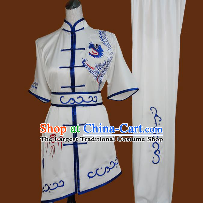 China Nanquan Boxing Training Suits Wushu Kung Fu White Uniforms Tai Chi Garment Costumes Martial Arts Embroidered Dragon Clothing