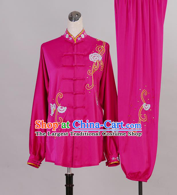 Chinese Tai Chi Competition Garment Costume Kung Fu Tai Ji Performance Suits Martial Arts Embroidered Butterfly Rosy Outfits