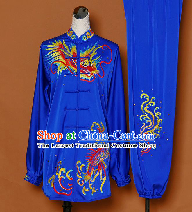 China Tai Chi Competition Royalblue Uniforms Martial Arts Embroidered Dragon Garment Costumes Kung Fu Tai Ji Suits