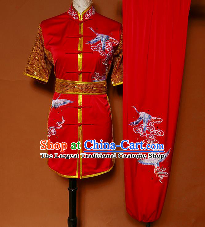 China Wu Shu Chang Boxing Embroidered Red Suits Kung Fu Uniforms Martial Arts Competition Garment Costumes