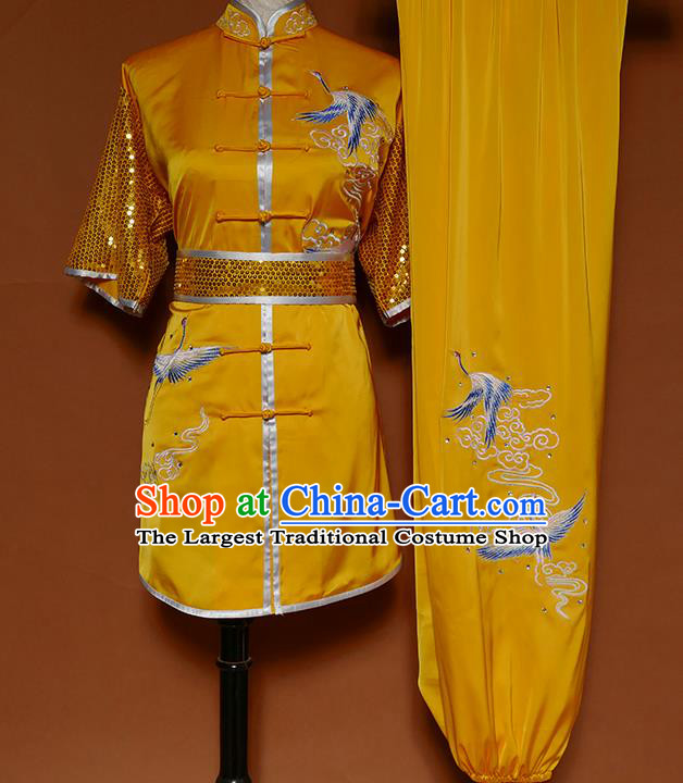 China Martial Arts Competition Garment Costumes Wu Shu Chang Boxing Embroidered Cranes Suits Kung Fu Yellow Uniforms