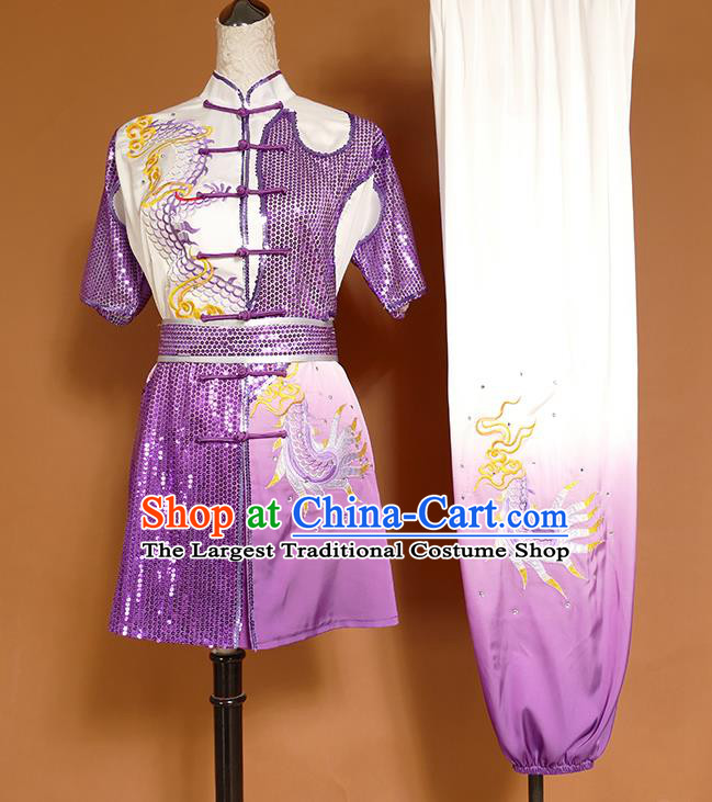 China Kung Fu Competition Purple Uniforms Martial Arts Garment Costumes Wu Shu Chang Boxing Embroidered Dragon Suits