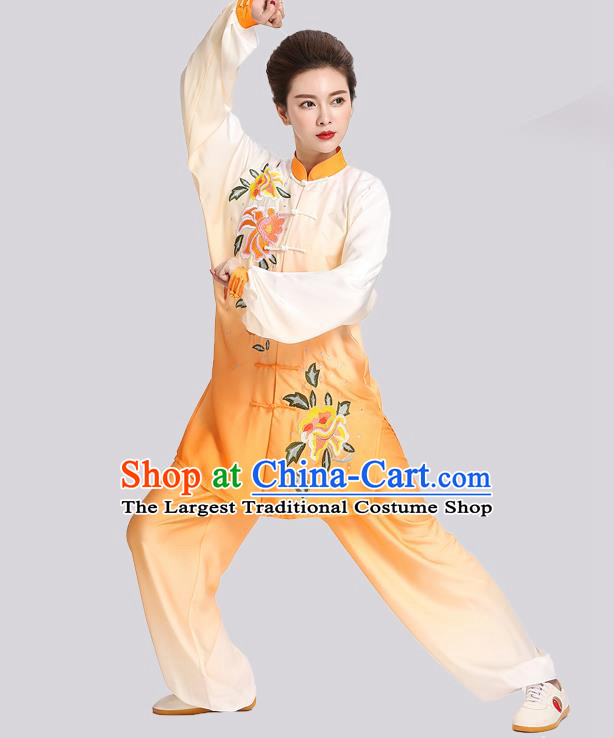 Chinese Tai Ji Training Clothing Tai Chi Kung Fu Gradient Orange Suits Martial Arts Competition Embroidered Peony Outfits