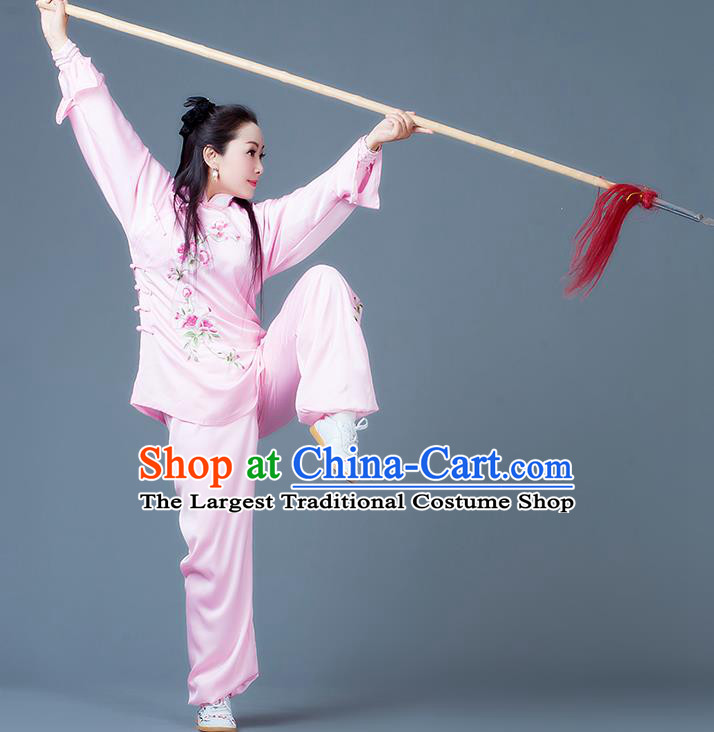 China Wushu Martial Arts Competition Suits Tai Chi Spear Training Embroidered Clothing Kung Fu Performance Pink Outfits