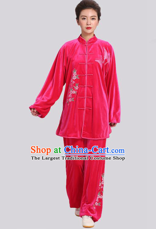 Chinese Kung Fu Tai Ji Training Clothing Tai Chi Competition Rosy Velvet Suits Martial Arts Embroidered Outfits