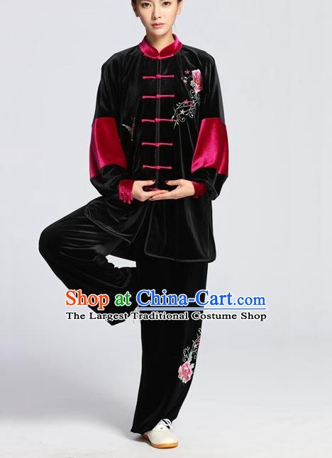 China Martial Arts Embroidered Rose Clothing Tai Chi Competition Outfits Tai Ji Sword Performance Black Velvet Suits