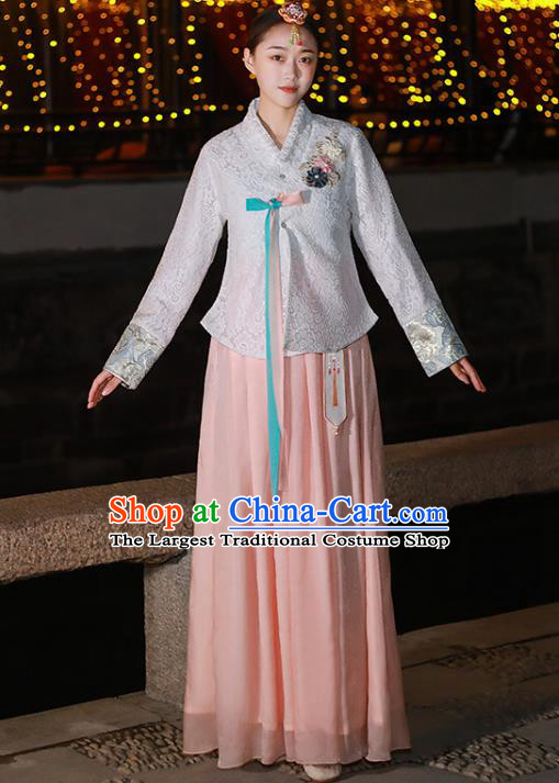 Traditional Korean Dress Ancient Korea Female Garment Costumes Asian Palace Princess White Blouse and Pink Dress Outfits