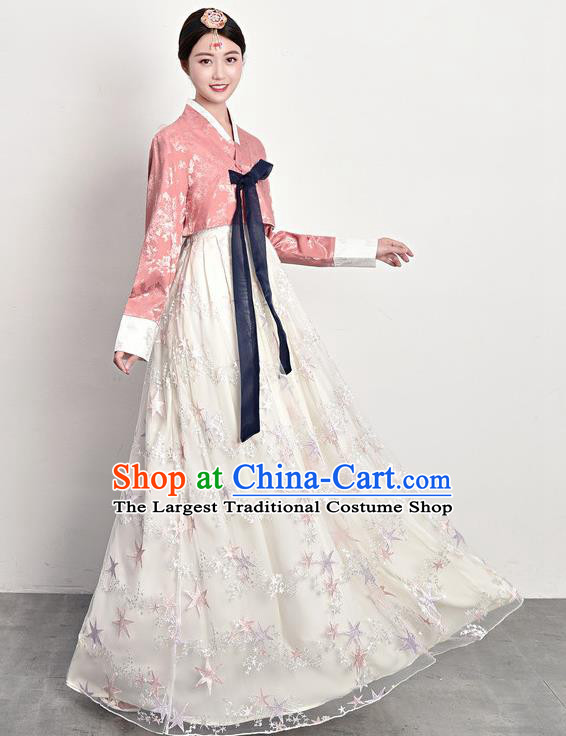 Ancient Korea Female Garment Costumes Traditional Asian Palace Princess Pink Blouse and White Dress Outfits Korean Court Dress