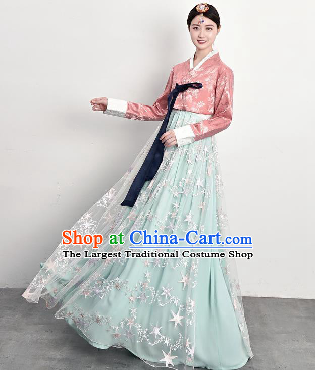 Traditional Asian Court Dress Korea Ancient Female Garment Costumes Korean Palace Princess Pink Blouse and Blue Dress Outfits